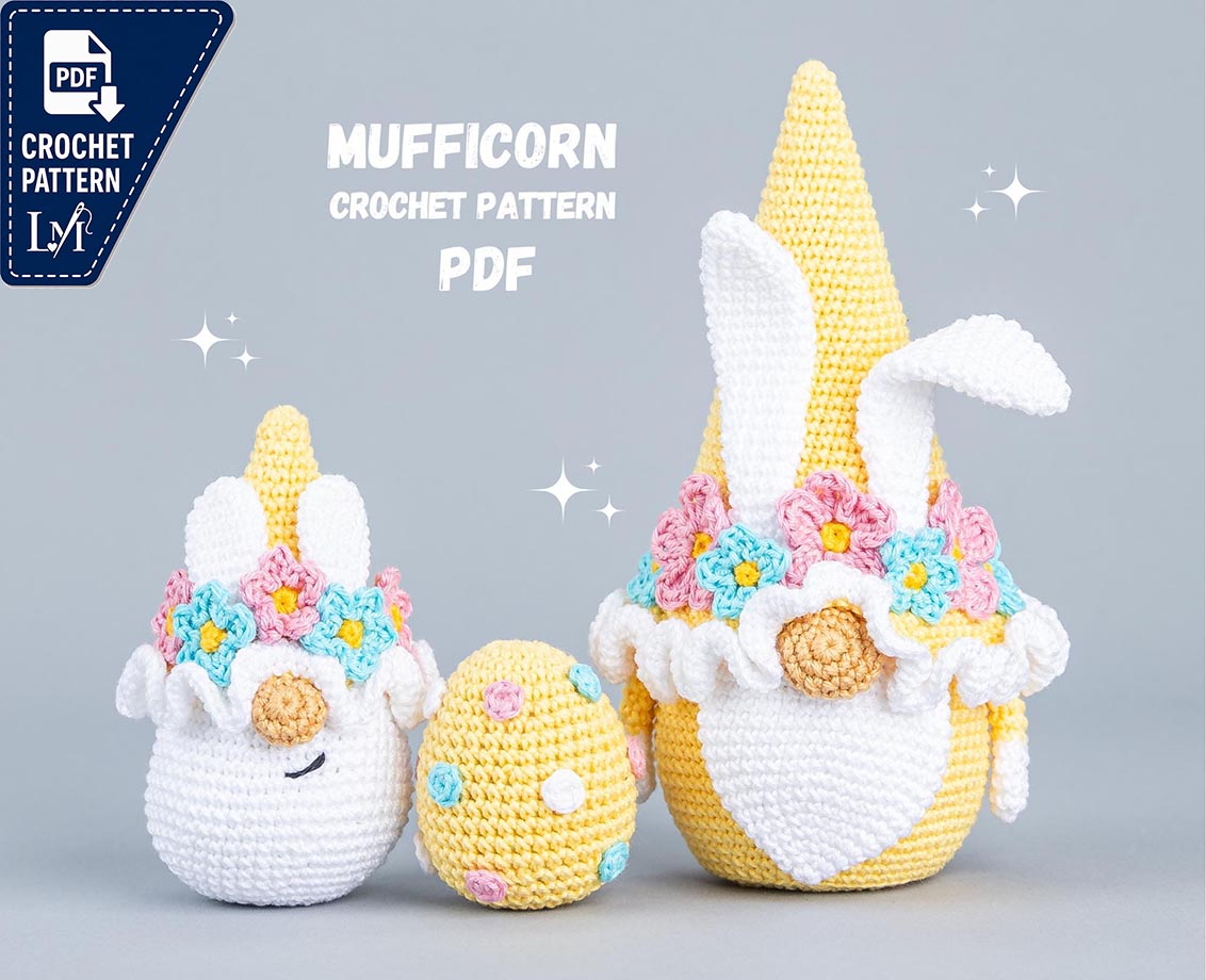 Crochet patterns Easter bunny gnomes with crochet flowers, Crochet bunny amigurumi pattern, Crochet Easter gnomes patterns, Crochet egg